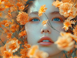 Wall Mural - Woman's Face Surrounded by Orange Flowers