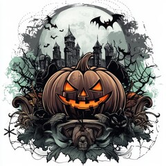 Halloween illustration with black cat, pumpkins, and bats
