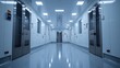 © zulie - A long, sterile corridor in a modern laboratory, with multiple doors and bright, fluorescent lighting.