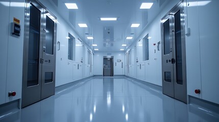 a long, sterile corridor in a modern laboratory, with multiple doors and bright, fluorescent lightin