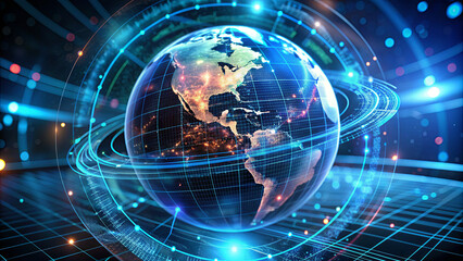 Poster - Earth is depicted in stunning detail, spinning amidst a cosmic backdrop with glowing lines and dots symbolizing data connections and networks in space