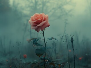 Wall Mural - Pink Rose in a Misty Garden - A Romantic Floral Image