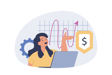 Aufkleber - Business and finance concept in modern flat design for web. Businesswoman analyzing balance graph with company statistic, finding solutions and improvement, searching partnership. Vector illustration.