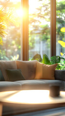 Wall Mural - Sunlit living room with cozy sofa and large windows overlooking lush greenery, creating a serene and inviting atmosphere for relaxation and contemplation.