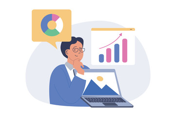 Poster - Business concept in modern flat design for web. Businessman analyzing financial report and calculating charts, working at laptop, brainstorming, developing company organization. Vector illustration.