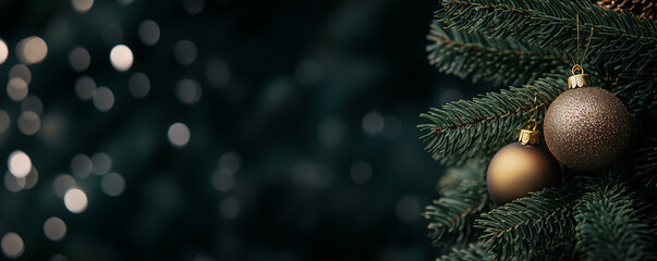 Wall Mural - Festive decorated Christmas tree close up branches with golden bulbs baubles decorations, dark background with empty copy space features golden bokeh lights. 