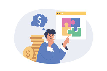 Fototapete - Business concept in modern flat design for web. Businessman analyzing financial strategy, solving job puzzles and finding solutions, developing company with investment money. Vector illustration.