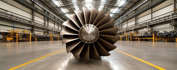 Power plant turbines aligned in perfect order, pristine metal surfaces, sunlight from large skylights, vast factory floor with organized equipment