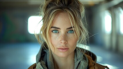 Wall Mural - Close-Up Portrait of a Beautiful Woman with Blue Eyes and Freckles