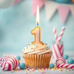 Wall Mural - First birthday celebration theme with cupcake candle and party accessories happy first birthday