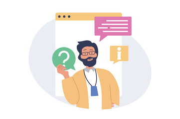 Poster - Contact us concept in modern flat design for web. Man chatting online with operator of support center, getting advice and information, finding solutions for his questions in info. Vector illustration.