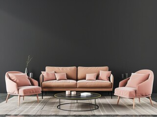 Modern living room with a sofa, two armchairs and a coffee table in front of a black wall.