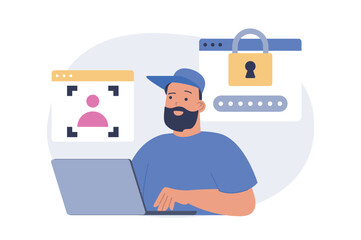 Poster - Cyber security concept in modern flat design for web. Man gets access to his online account with password and biometric verification scan, using protection software at laptop. Vector illustration.