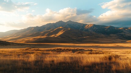 Wall Mural - A vast field of golden grass stretches out towards a mountain range silhouetted against a vibrant sunset sky.