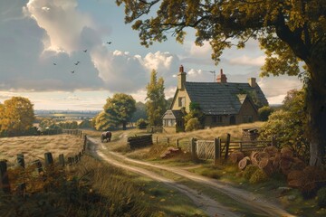 Poster - A serene countryside scene of a rustic house surrounded by golden fields and gentle hills under a cloudy sky during the late afternoon