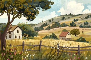 Poster - A serene countryside scene of a rustic house surrounded by golden fields and gentle hills under a cloudy sky during the late afternoon
