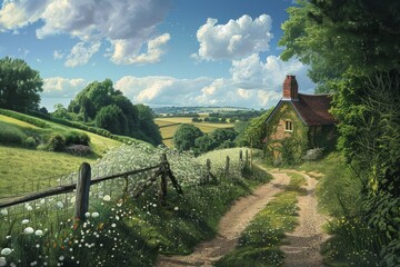 Poster - A serene countryside scene of a rustic house surrounded by golden fields and gentle hills under a cloudy sky during the late afternoon