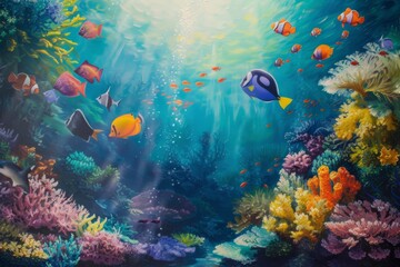 Poster - Colorful coral reef teems with vibrant fish in a sunny underwater paradise filled with marine life and rich biodiversity