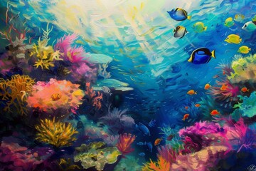 Poster - Colorful coral reef teems with vibrant fish in a sunny underwater paradise filled with marine life and rich biodiversity