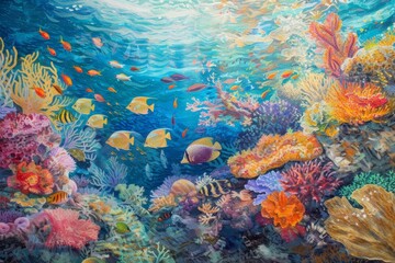 Poster - Colorful coral reef teems with vibrant fish in a sunny underwater paradise filled with marine life and rich biodiversity