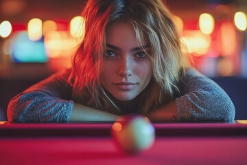 Woman focusing on aiming cue ball on pool table in lively sports bar environment with glowing lights visible in background creating dynamic atmosphere, Generative AI