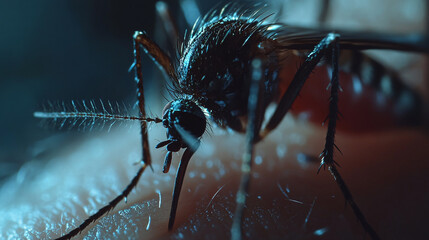 mosquito piercing the skin with its proboscis to feed on blood