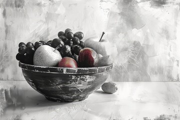 Wall Mural - A classic fruit arrangement in a decorative bowl captured in black and white, showcasing various fruits like apples, pears, and grapes on a wooden table