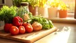© bcendet - Fresh vegetables on a wooden cutting board in a kitchen setting.