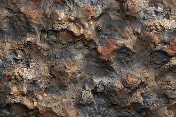 Fototapete - Textured stone wall with uneven rock formations showcasing natural details and shadows in a dimly lit environment