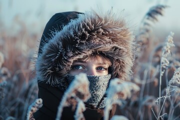 Poster - A child in a winter jacket with a fur-lined hood stands among frost-covered grass in a cold, serene landscape during early morning light