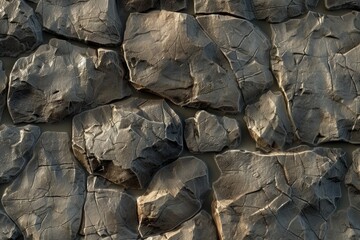 Poster - Textured stone wall with uneven rock formations showcasing natural details and shadows in a dimly lit environment