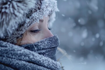 Poster - A child in a winter jacket with a fur-lined hood stands among frost-covered grass in a cold, serene landscape during early morning light