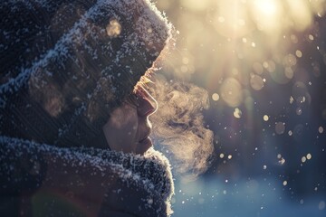 Poster - A child in a winter jacket with a fur-lined hood stands among frost-covered grass in a cold, serene landscape during early morning light