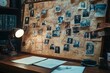 © James - Background image of evidence board with pictures of criminals in detectives office, copy space, Generative AI