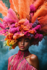 Wall Mural - Fashionable woman is posing in a studio, wearing an extravagant colorful headdress and dress