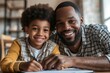 © James - Portrait of smiling African-American father helping son with homework while studying at home, copy space, Generative AI