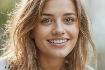 Beautiful woman face with blonde hair and green eyes is smiling. Concept of happiness and positivity