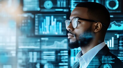 Poster - A business consultant analyzing financial data and market trends in a sleek, modern office
