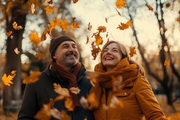 Beautiful mature couple throw up the autumn leaves in the park