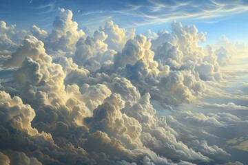 Poster - A vast expanse of fluffy white clouds illuminated by sunlight against a clear blue sky, creating a serene atmosphere in the early afternoon