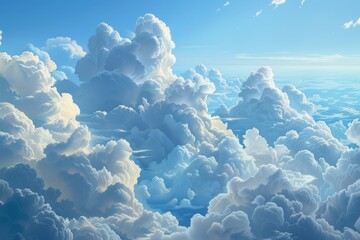 Poster - A vast expanse of fluffy white clouds illuminated by sunlight against a clear blue sky, creating a serene atmosphere in the early afternoon