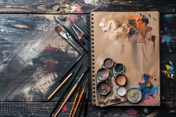 Poster - An artist's workspace featuring a palette of vibrant colors, brushes, and a canvas with floral patterns, showcasing creativity during a calm afternoon