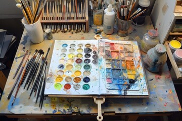 Aufkleber - An artist's workspace featuring a palette of vibrant colors, brushes, and a canvas with floral patterns, showcasing creativity during a calm afternoon