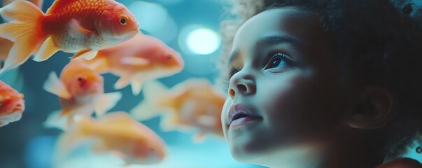 curious child gazes at goldfish in a vibrant aquarium, capturing innocence and wonder in a serene un