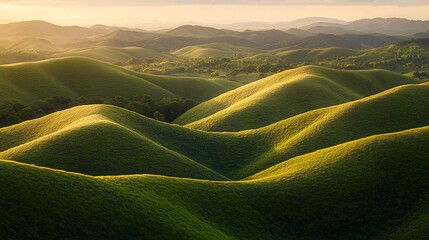 Wall Mural - Rolling green hills bathed in the golden light of dawn.