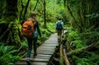 © SKIMP Art - Stunning photograph of young woman and man hiking in the equipped with backpacks, walking along wooden paths through dense forest Generative AI