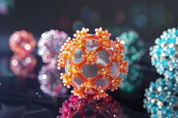 Poster - Detailed close-up view of colorful virus models under dramatic lighting, showcasing molecular structure and intricate surface textures in a scientific setting