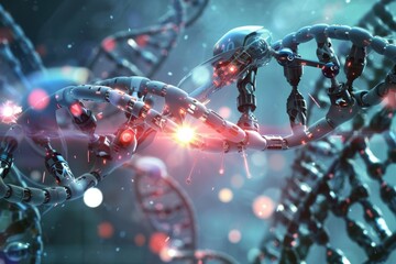 Aufkleber - A detailed visualization of DNA strands illuminated with glowing atoms, showcasing molecular interactions in a scientific setting