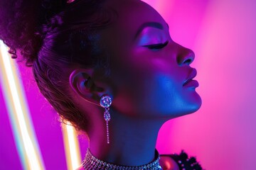 Poster - A woman poses gracefully against a vibrant neon backdrop, showcasing elegant earrings and bold makeup during a glamorous evening event