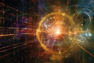 Poster - An abstract representation of particles interacting with energy in a vibrant cosmic landscape, illustrating the complexities of the universe in stunning detail